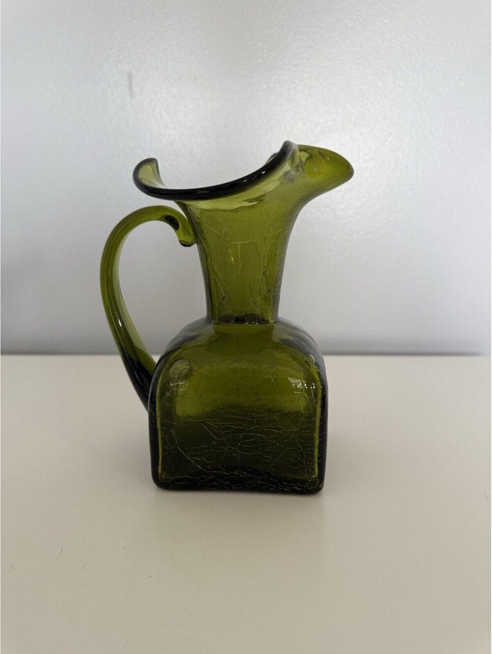 Vintage Olive Green Crackle Glass Pitcher w/ Square Base Era 1950’s - 1970’s EUC